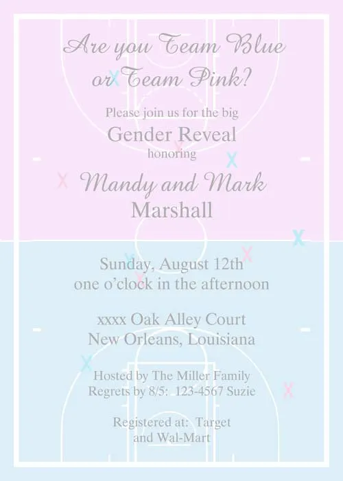 BASKETBALL COURTS PINK AND BLUE CUSTOM INVITATION