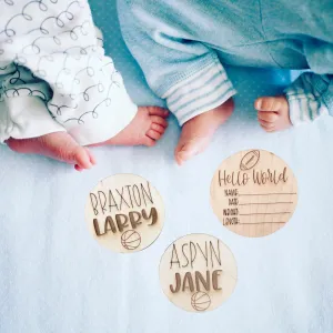 Basketball Wooden Baby Birth Announcement, Baby Milestone Cards, 5x5 inches Sports Baby Shower Gift for Boys