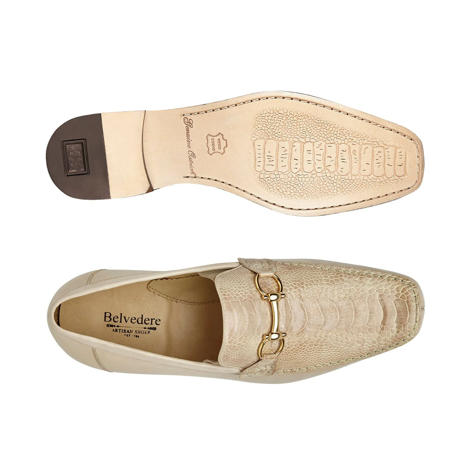 Belvedere Bruno in Cream Genuine Ostrich Leg and Italian Calf Loafers