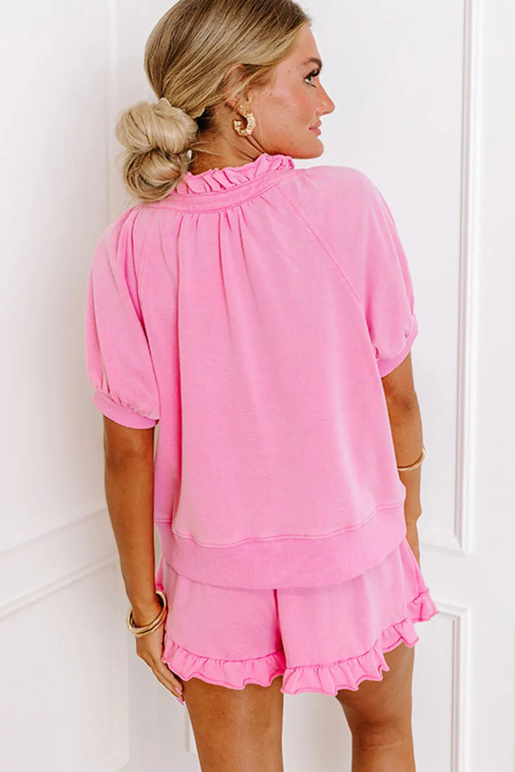 Black Half Zip Puff Sleeve Top and Ruffle Shorts Set