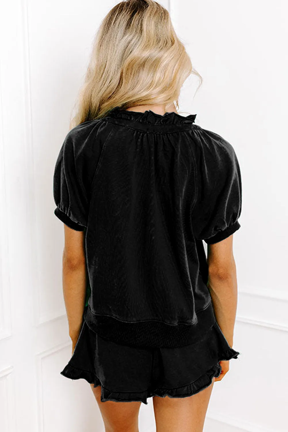 Black Half Zip Puff Sleeve Top and Ruffle Shorts Set