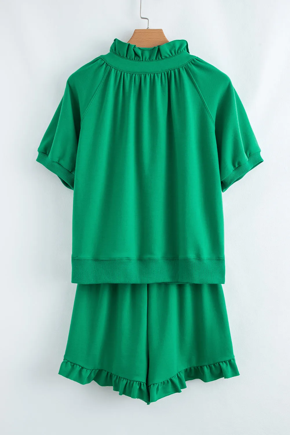 Black Half Zip Puff Sleeve Top and Ruffle Shorts Set