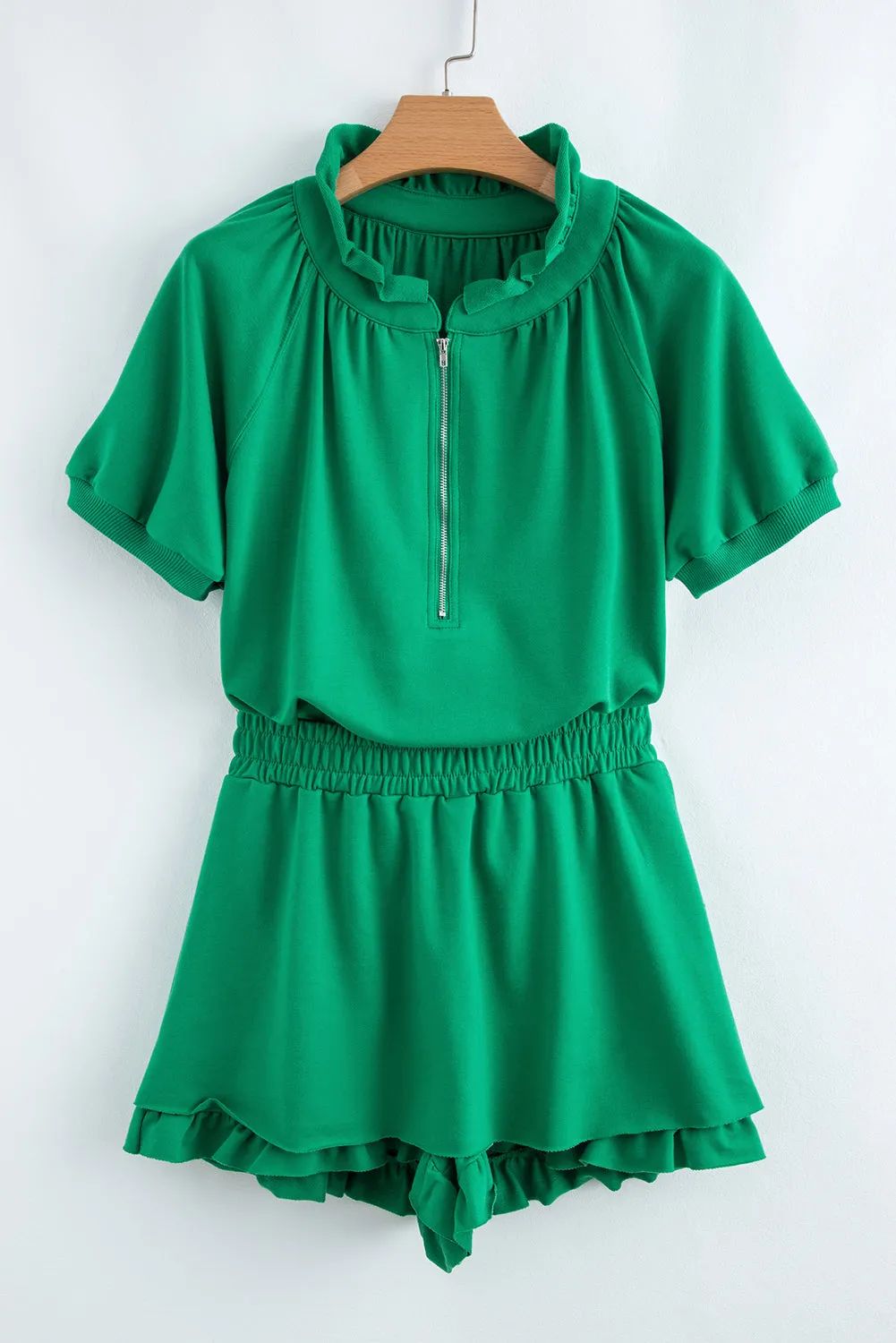 Black Half Zip Puff Sleeve Top and Ruffle Shorts Set