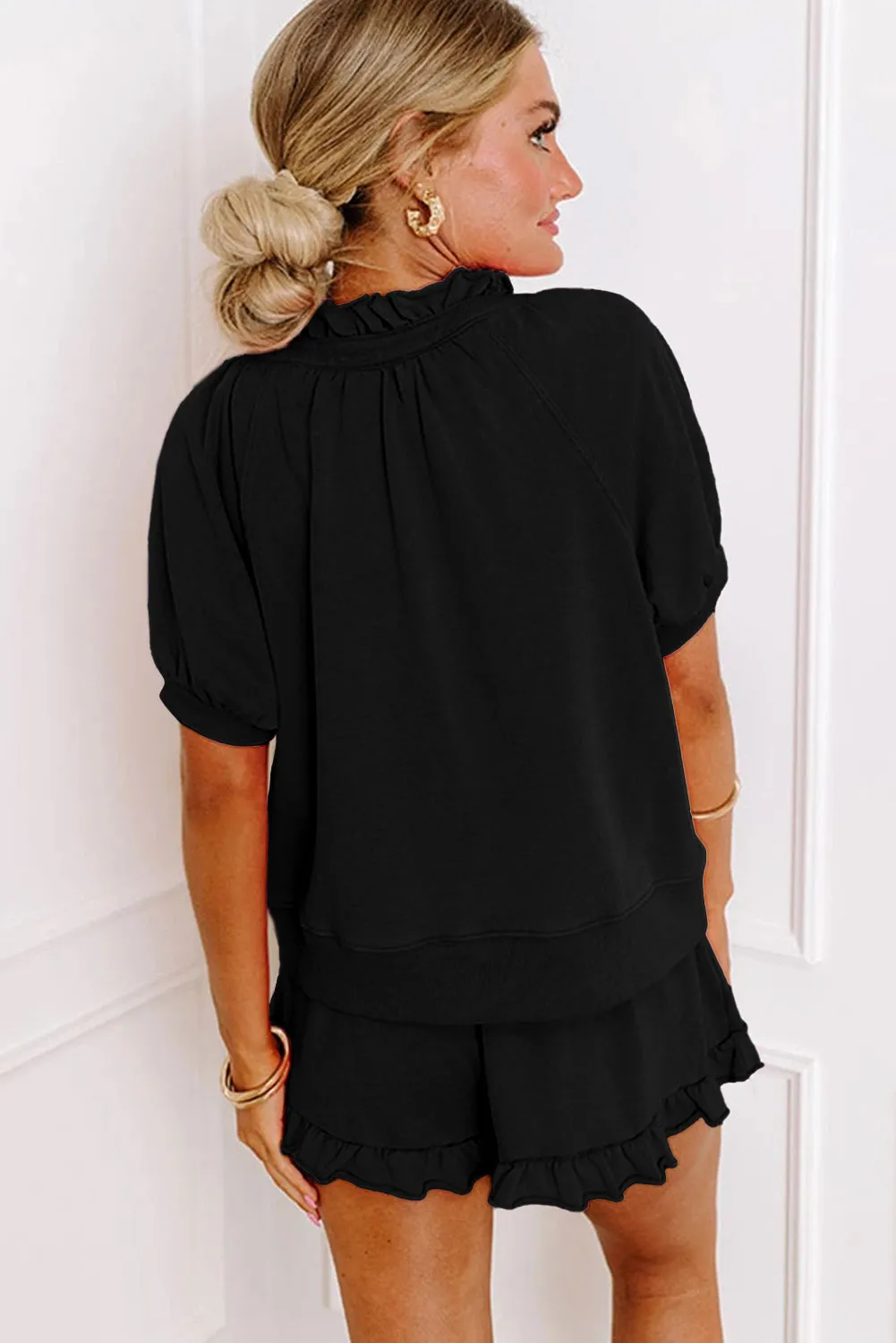 Black Half Zip Puff Sleeve Top and Ruffle Shorts Set