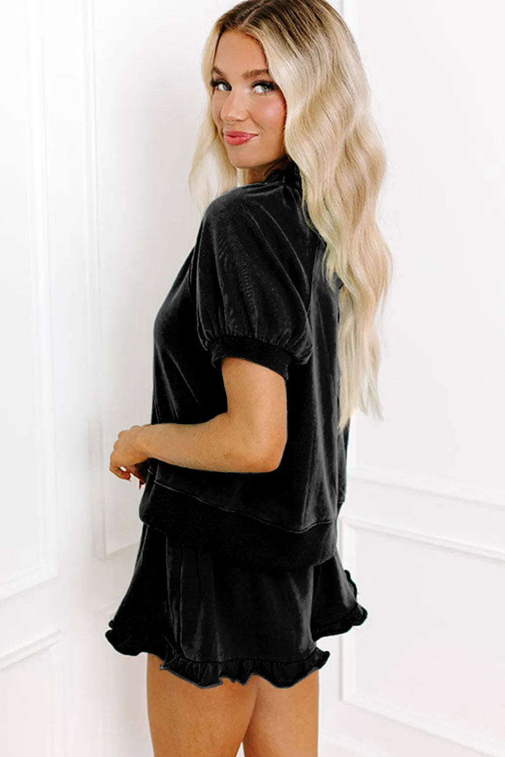 Black Half Zip Puff Sleeve Top and Ruffle Shorts Set