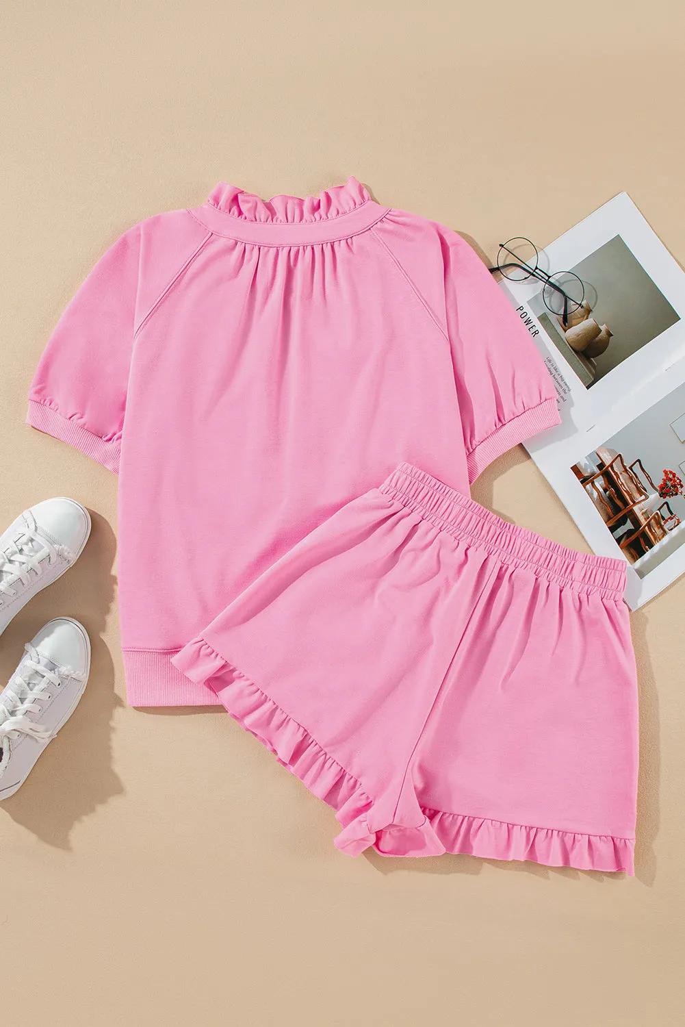 Black Half Zip Puff Sleeve Top and Ruffle Shorts Set