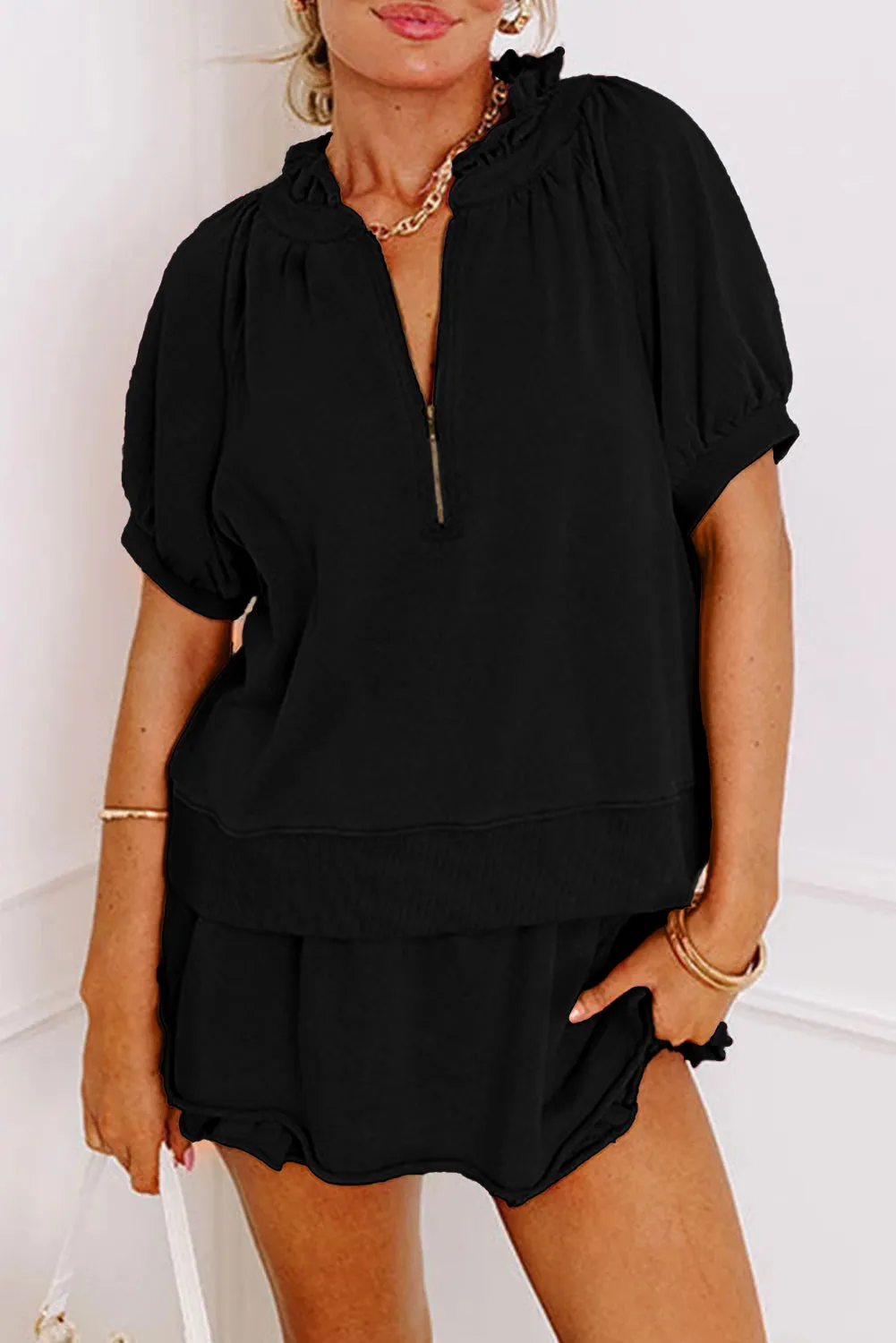 Black Half Zip Puff Sleeve Top and Ruffle Shorts Set