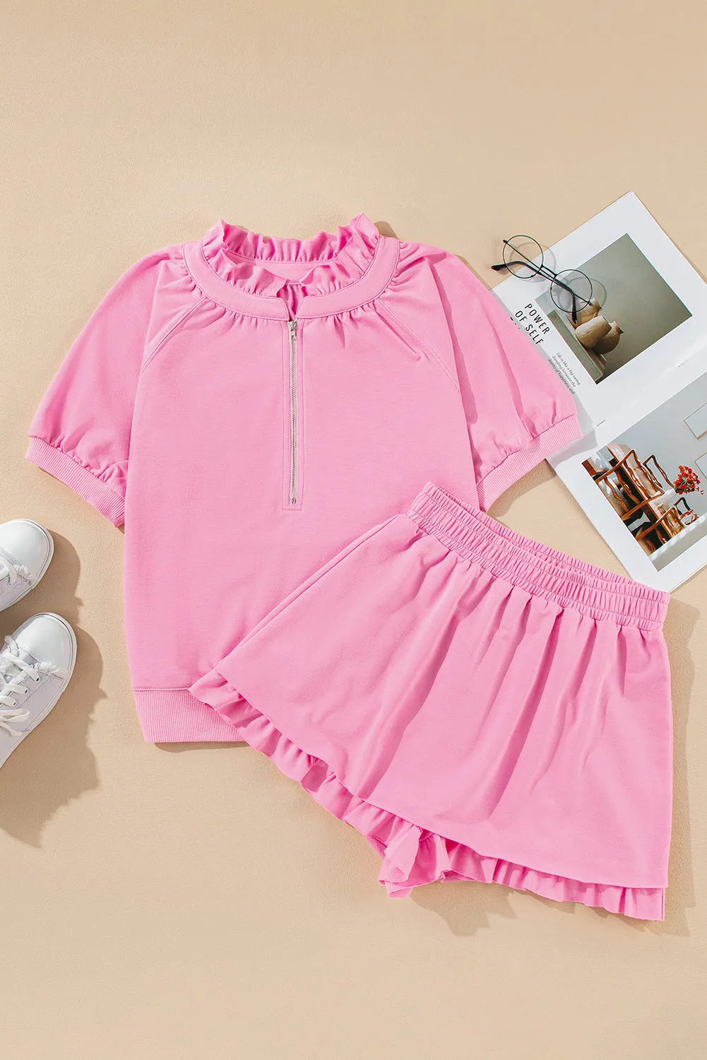 Black Half Zip Puff Sleeve Top and Ruffle Shorts Set
