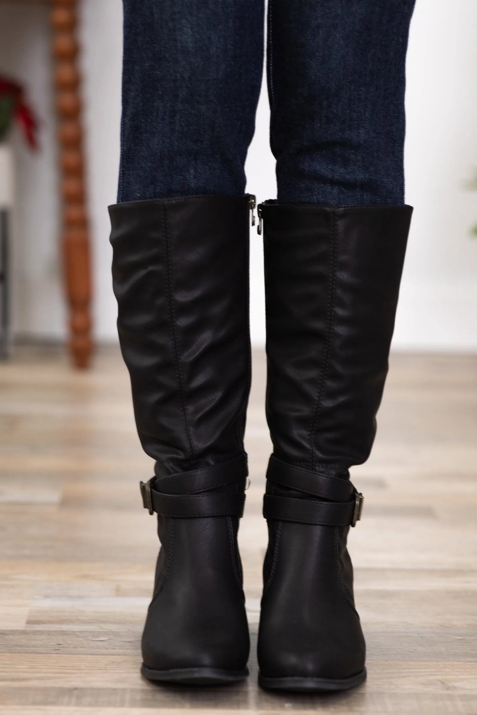 Black Vegan Leather Block Heel Tall Boots