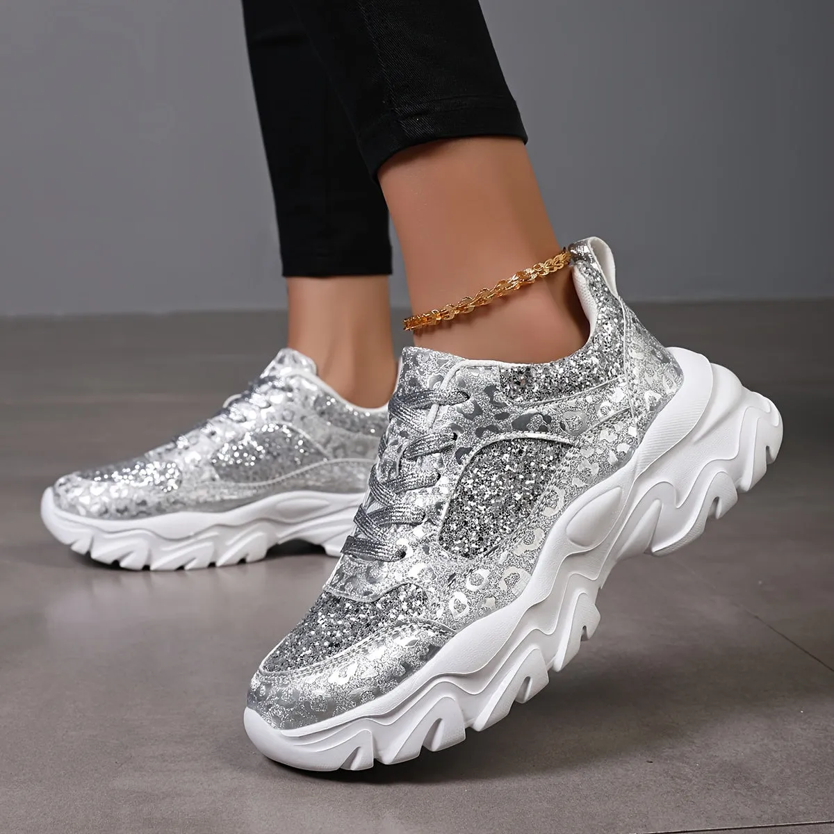 Dames glitter loafer-silver slip-on schoenen met plateau zool