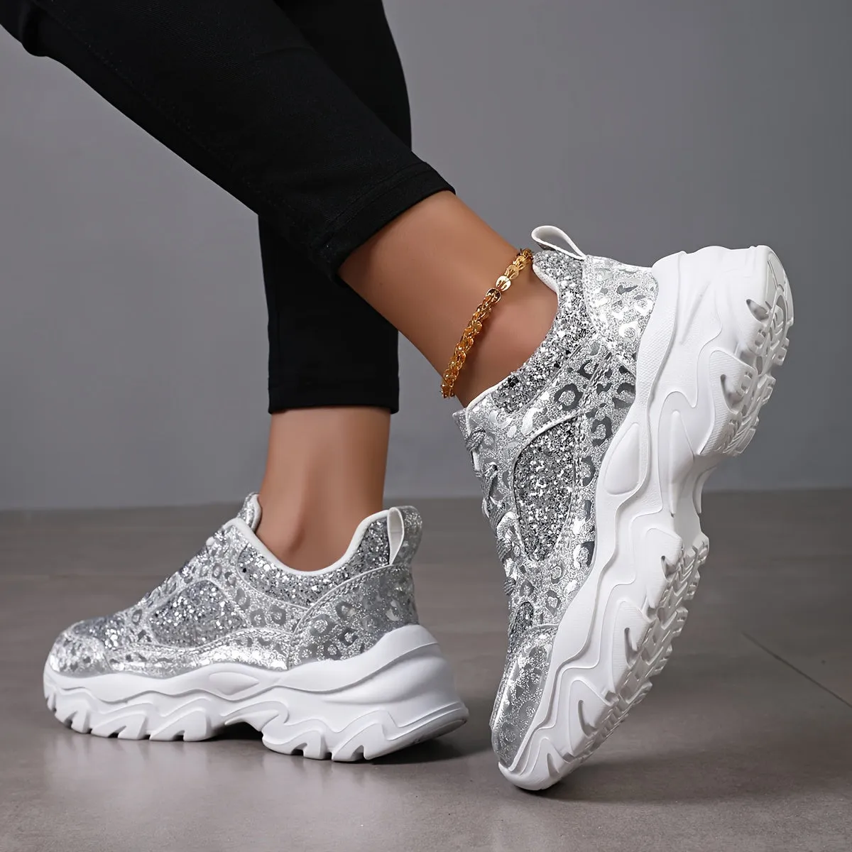 Dames glitter loafer-silver slip-on schoenen met plateau zool