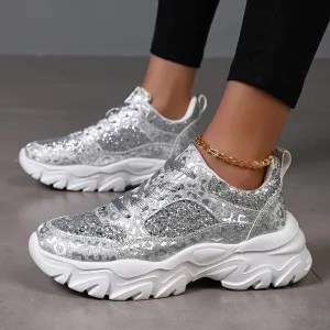 Dames glitter loafer-silver slip-on schoenen met plateau zool
