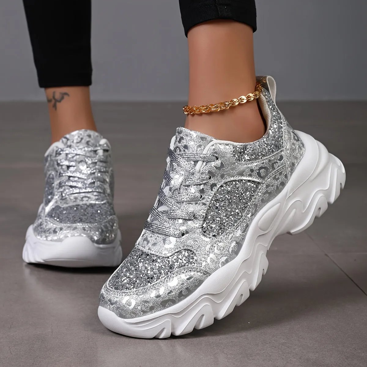 Dames glitter loafer-silver slip-on schoenen met plateau zool
