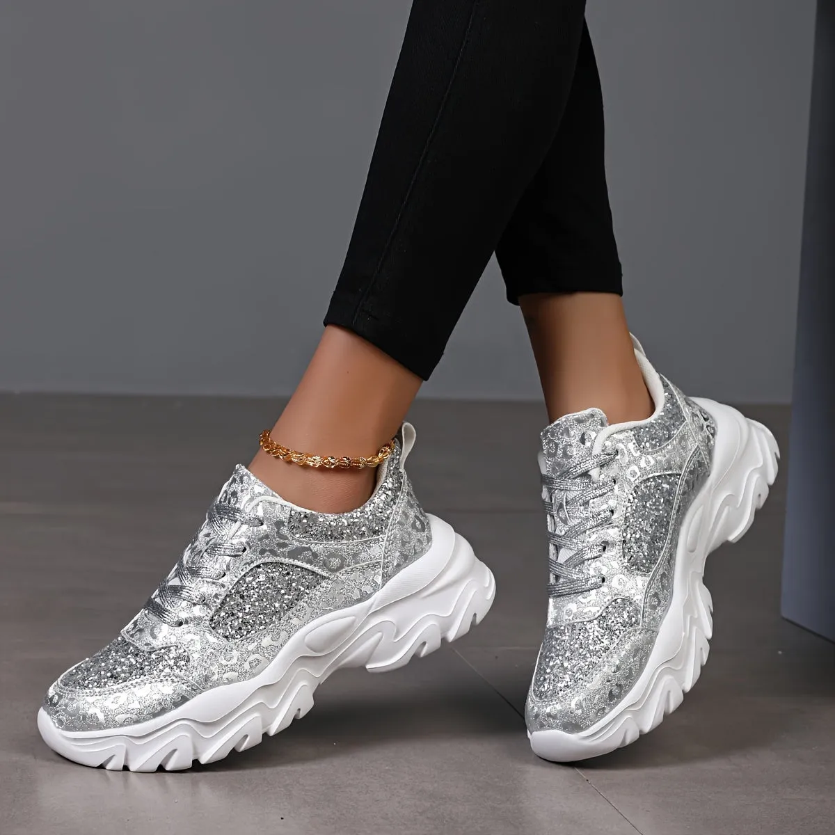 Dames glitter loafer-silver slip-on schoenen met plateau zool