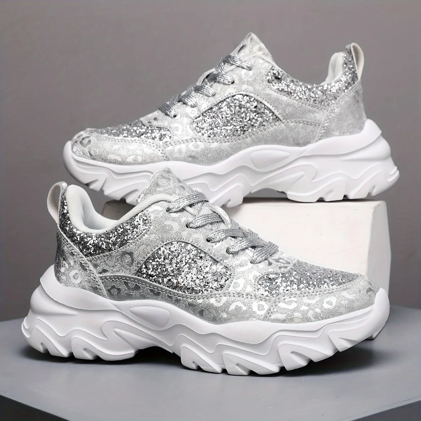 Dames glitter loafer-silver slip-on schoenen met plateau zool