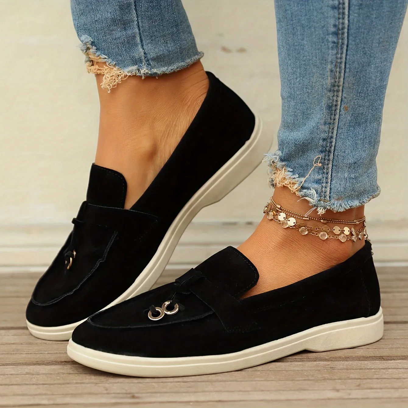 Dames loafers met kwastjes en ijzeren ring, slip-on platte schoenen met ronde tenen