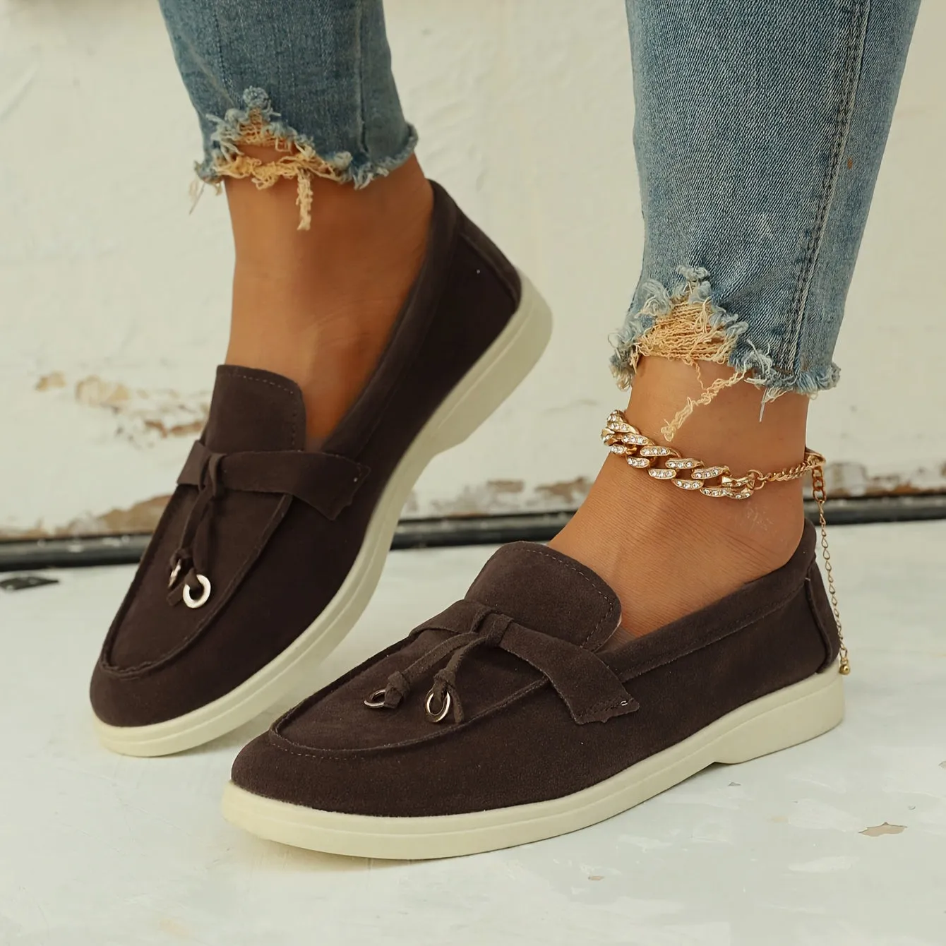Dames loafers met kwastjes en ijzeren ring, slip-on platte schoenen met ronde tenen