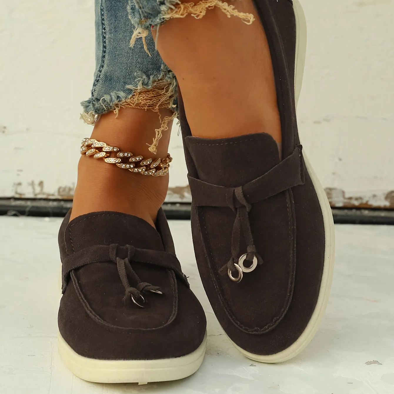 Dames loafers met kwastjes en ijzeren ring, slip-on platte schoenen met ronde tenen