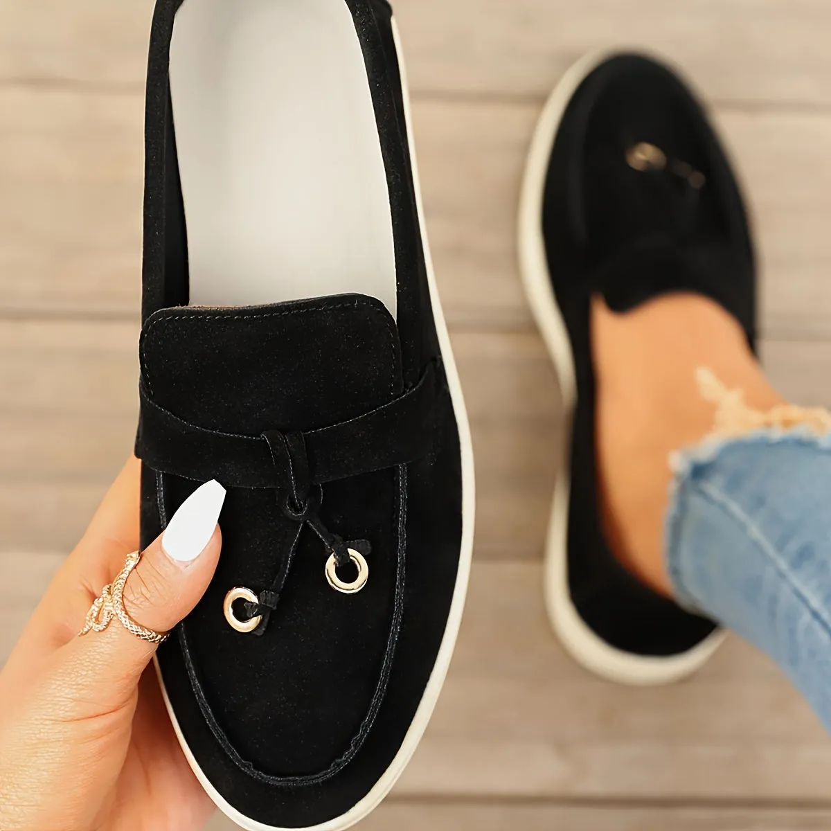 Dames loafers met kwastjes en ijzeren ring, slip-on platte schoenen met ronde tenen