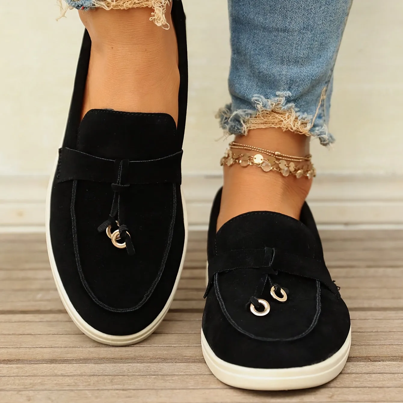 Dames loafers met kwastjes en ijzeren ring, slip-on platte schoenen met ronde tenen