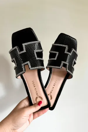 Dubai H Flats - Rhinestone Silver Black