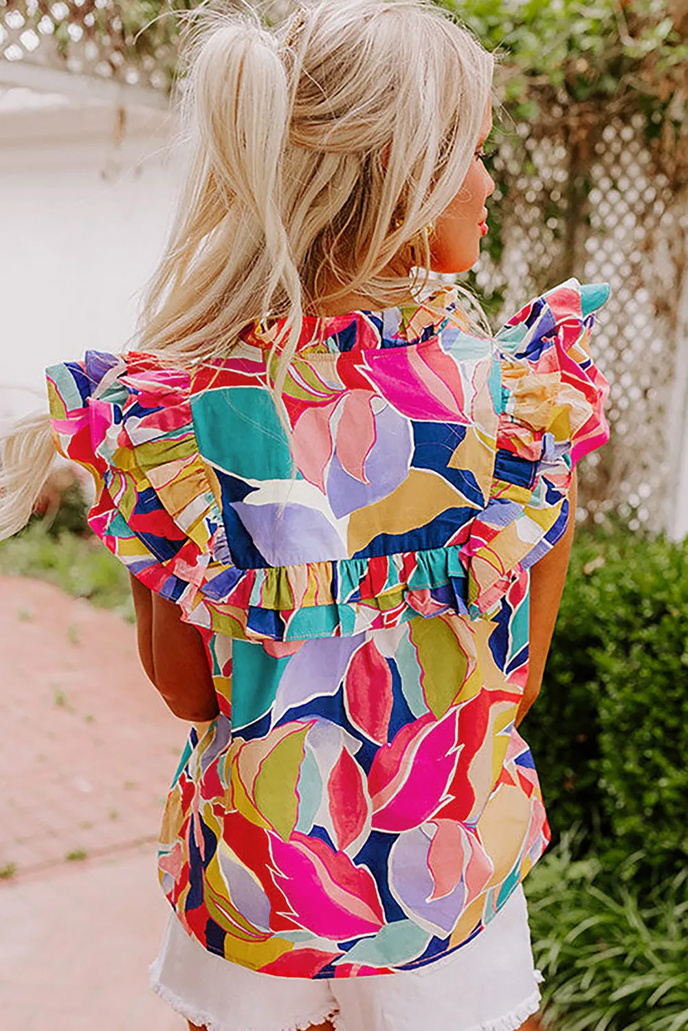 Eliza, Pink Print Ruffle Flutter Sleeve Split V Neck Blouse