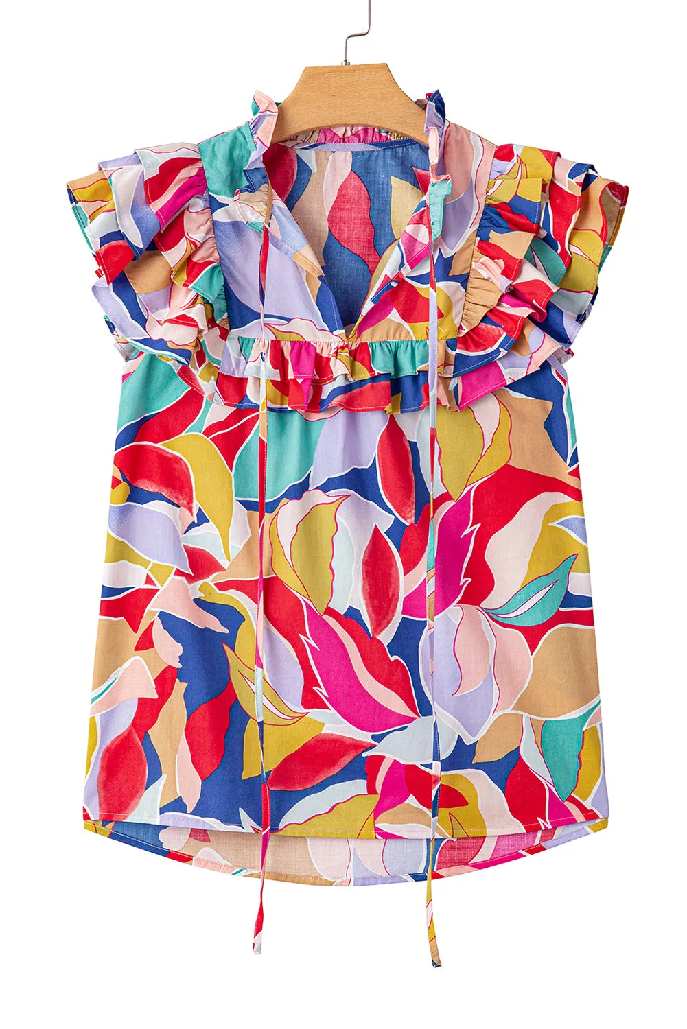 Eliza, Pink Print Ruffle Flutter Sleeve Split V Neck Blouse
