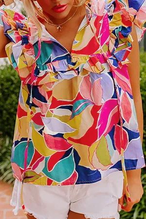Eliza, Pink Print Ruffle Flutter Sleeve Split V Neck Blouse