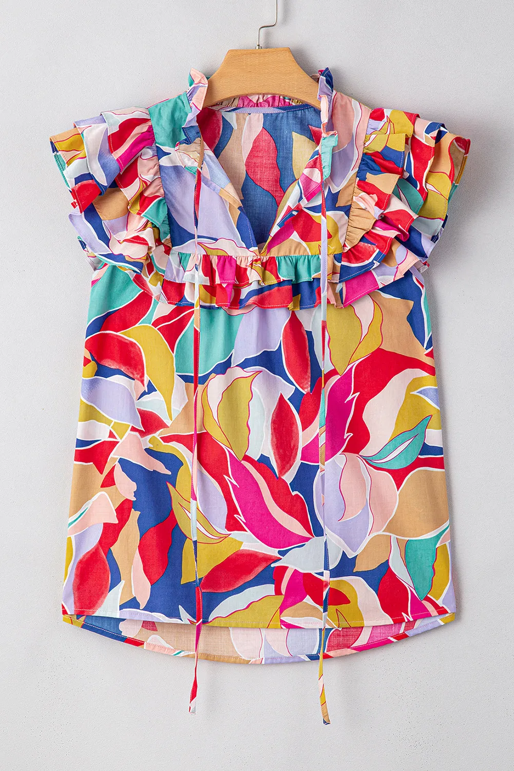 Eliza, Pink Print Ruffle Flutter Sleeve Split V Neck Blouse