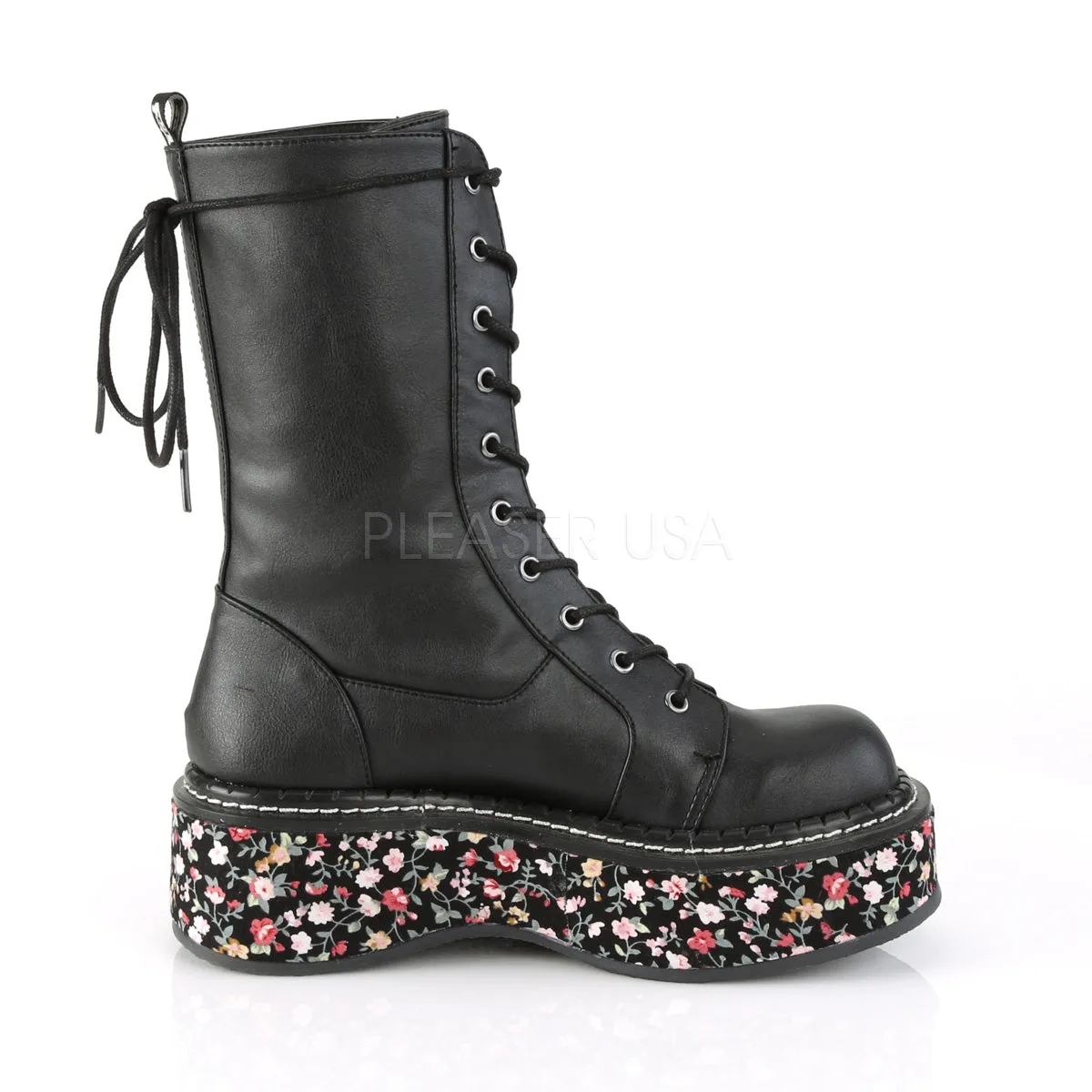 EMILY-350  Black Vegan Leather-Floral Fabric