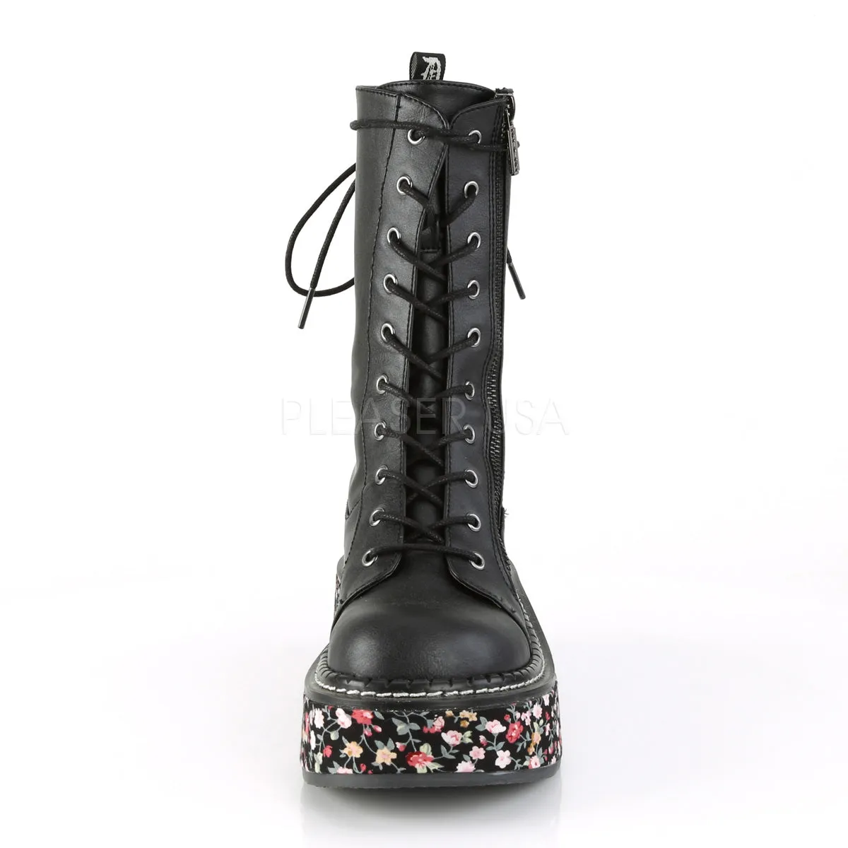 EMILY-350  Black Vegan Leather-Floral Fabric