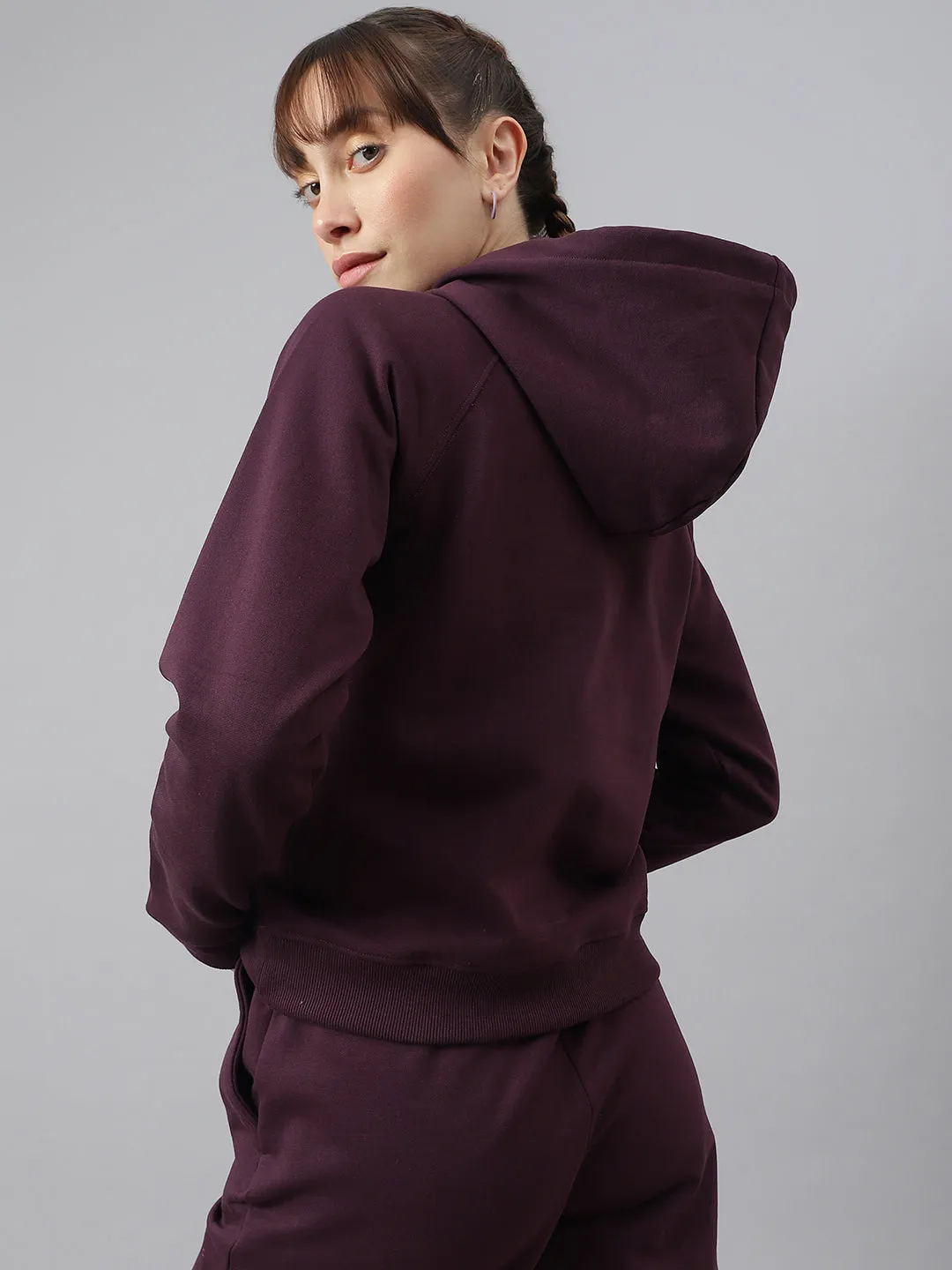 Fitkin Women Purple Fleece Regular Fit Hooded Sweatshirt