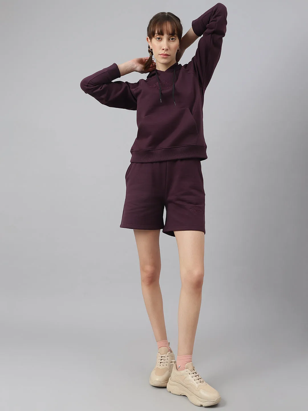 Fitkin Women Purple Fleece Regular Fit Hooded Sweatshirt