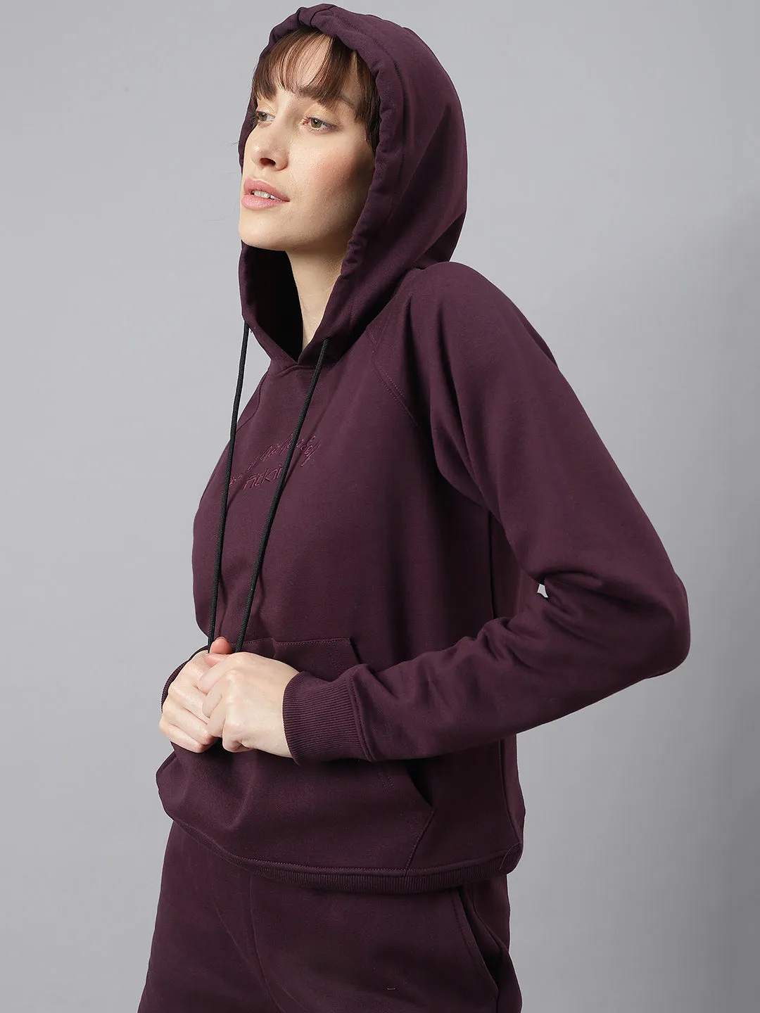 Fitkin Women Purple Fleece Regular Fit Hooded Sweatshirt