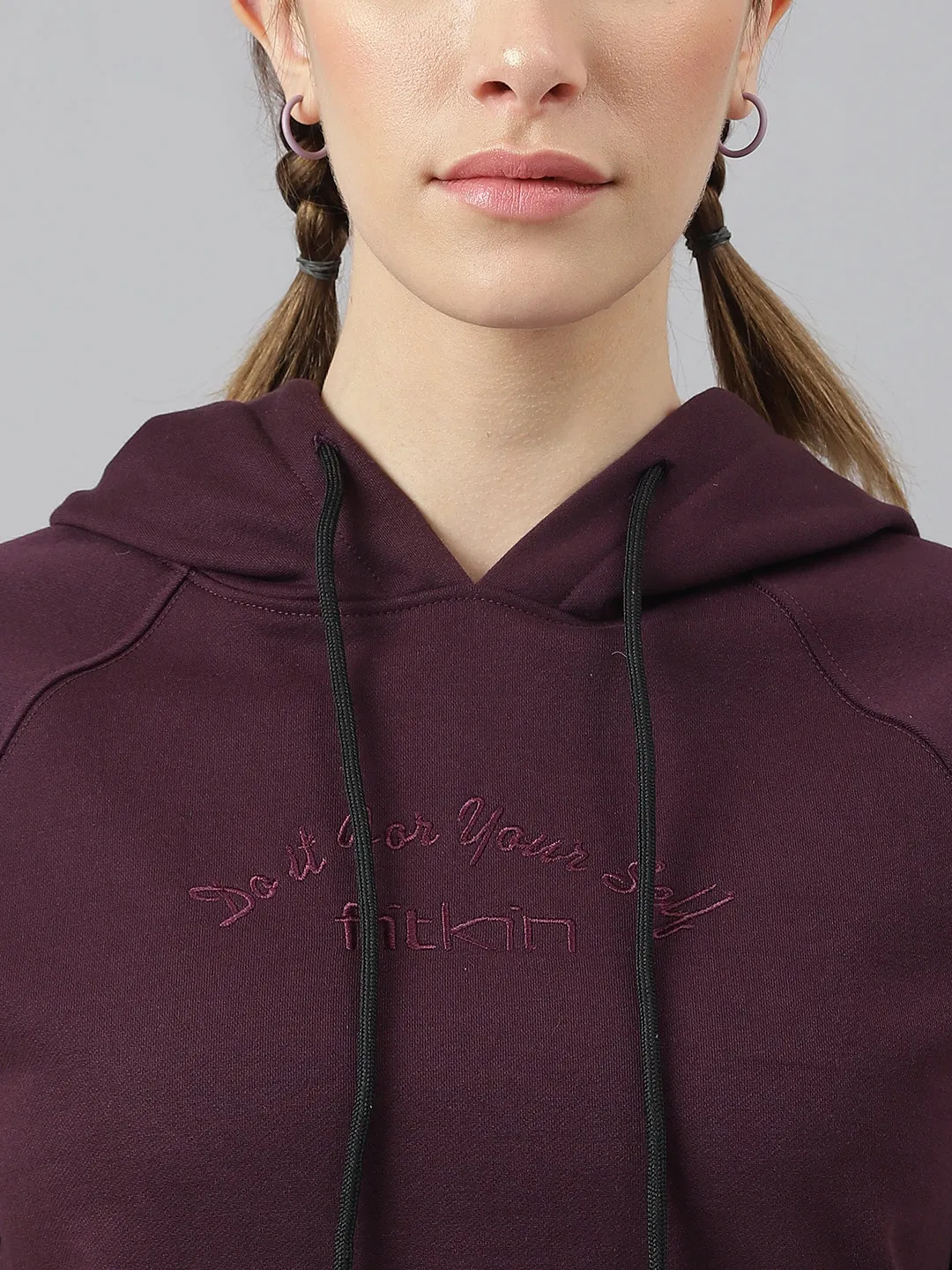 Fitkin Women Purple Fleece Regular Fit Hooded Sweatshirt