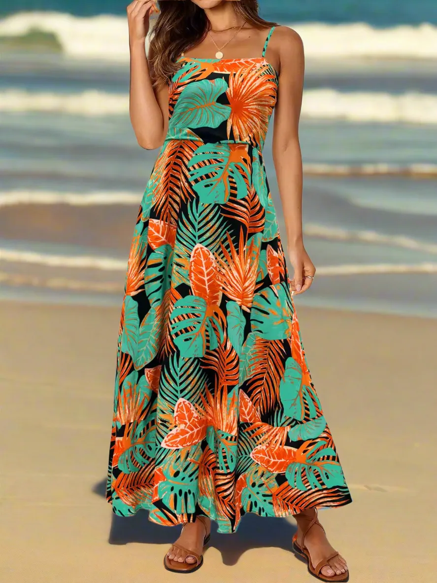 Floral Boho Maxi Dress for Women - Sleeveless Spaghetti Strap Smocked Long Beach Dress in Orange