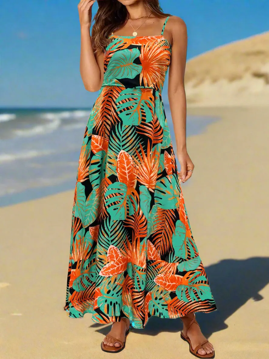Floral Boho Maxi Dress for Women - Sleeveless Spaghetti Strap Smocked Long Beach Dress in Orange