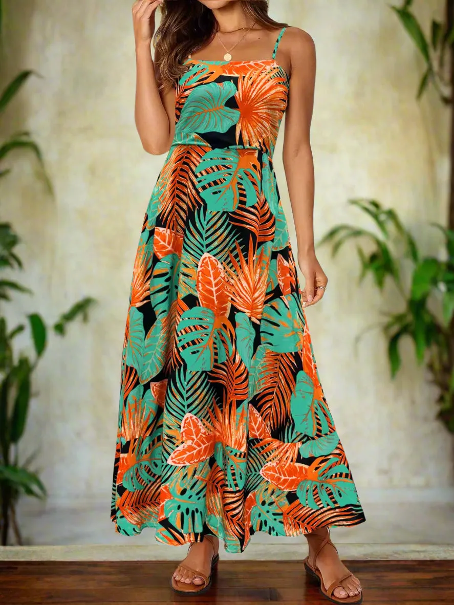 Floral Boho Maxi Dress for Women - Sleeveless Spaghetti Strap Smocked Long Beach Dress in Orange