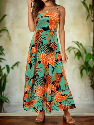 Floral Boho Maxi Dress for Women - Sleeveless Spaghetti Strap Smocked Long Beach Dress in Orange