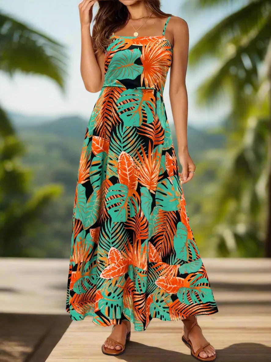 Floral Boho Maxi Dress for Women - Sleeveless Spaghetti Strap Smocked Long Beach Dress in Orange