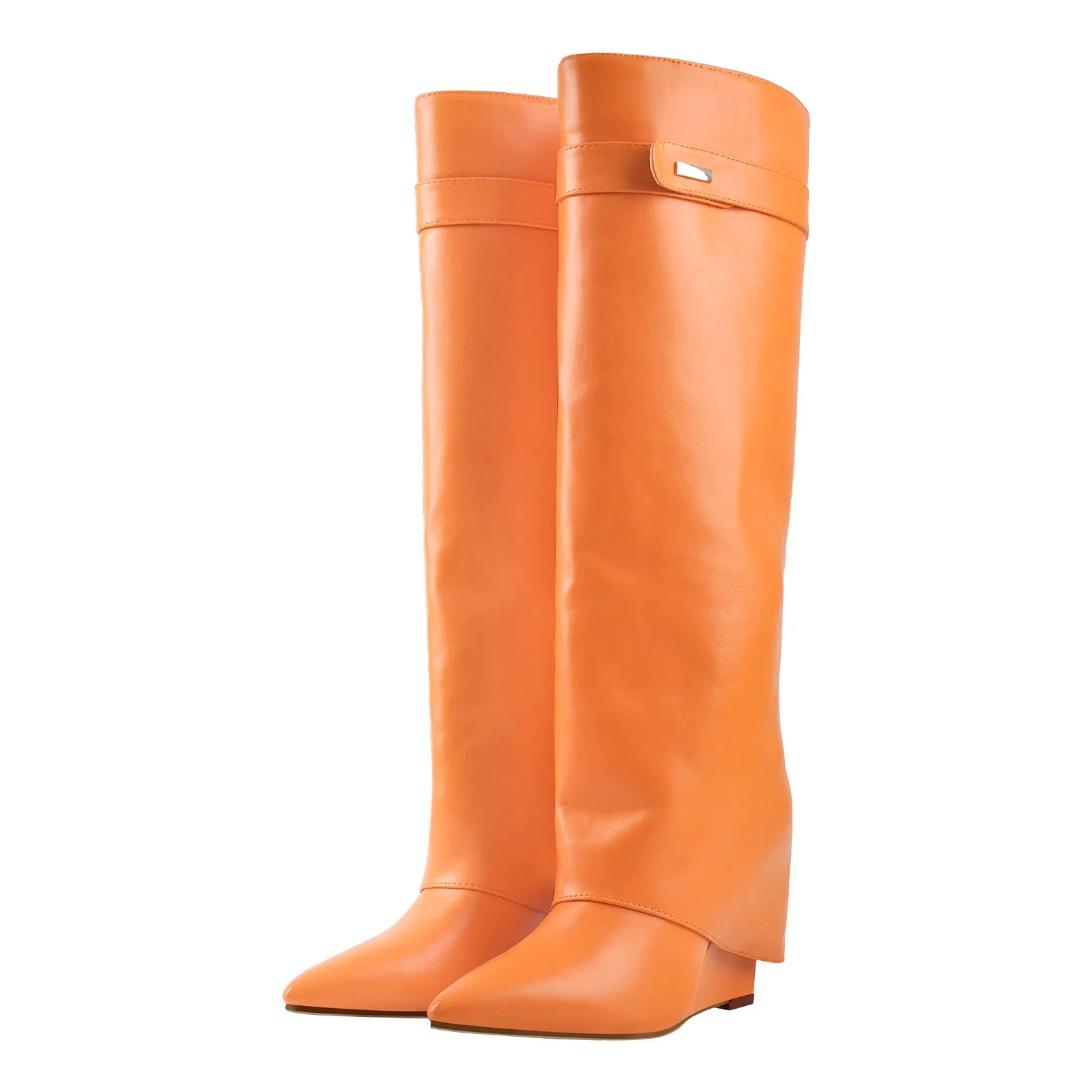 Fold Over Wedge Pointed Toe Black Boots