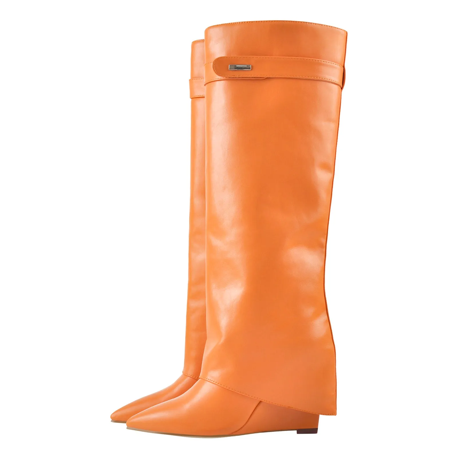 Fold Over Wedge Pointed Toe Black Boots