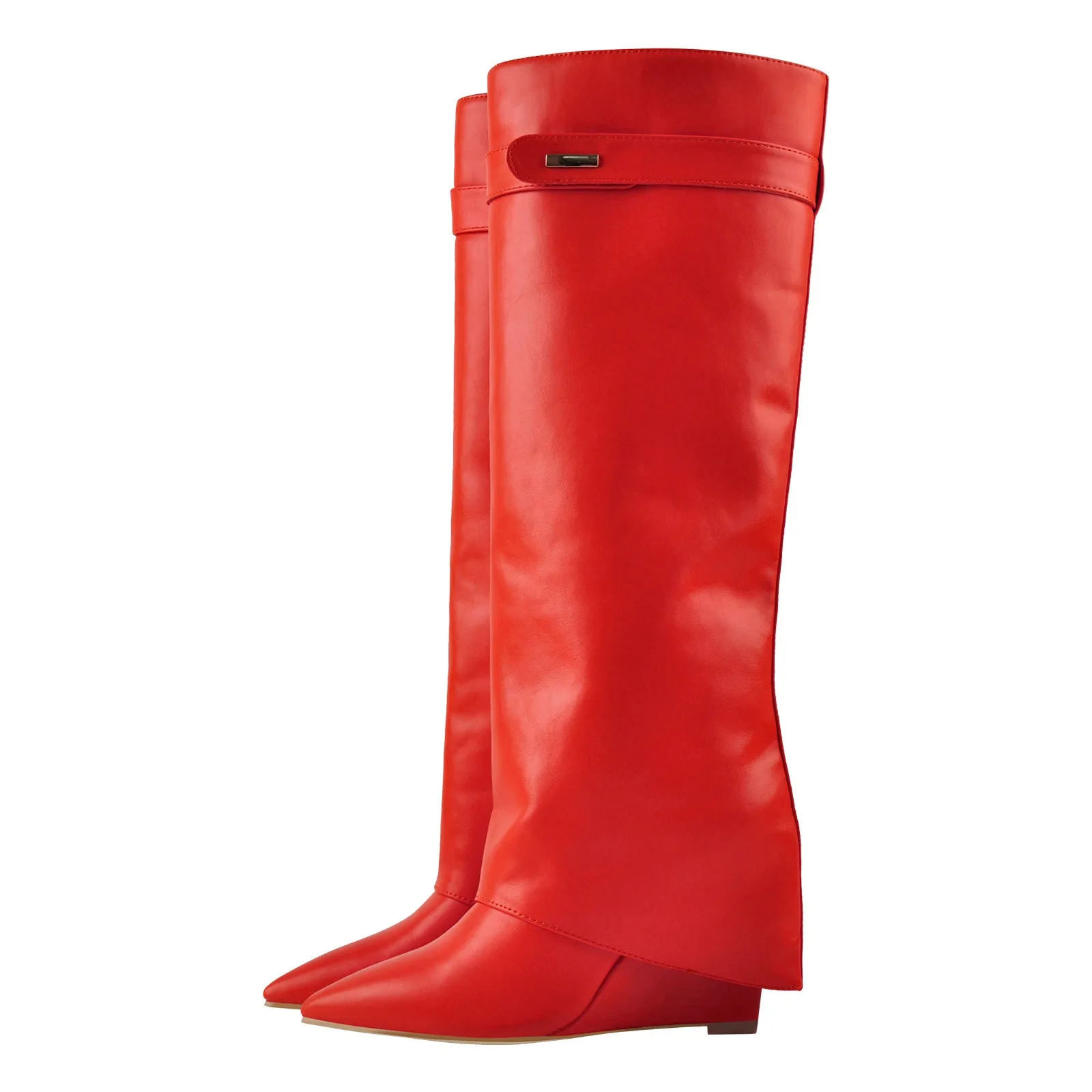 Fold Over Wedge Pointed Toe Black Boots