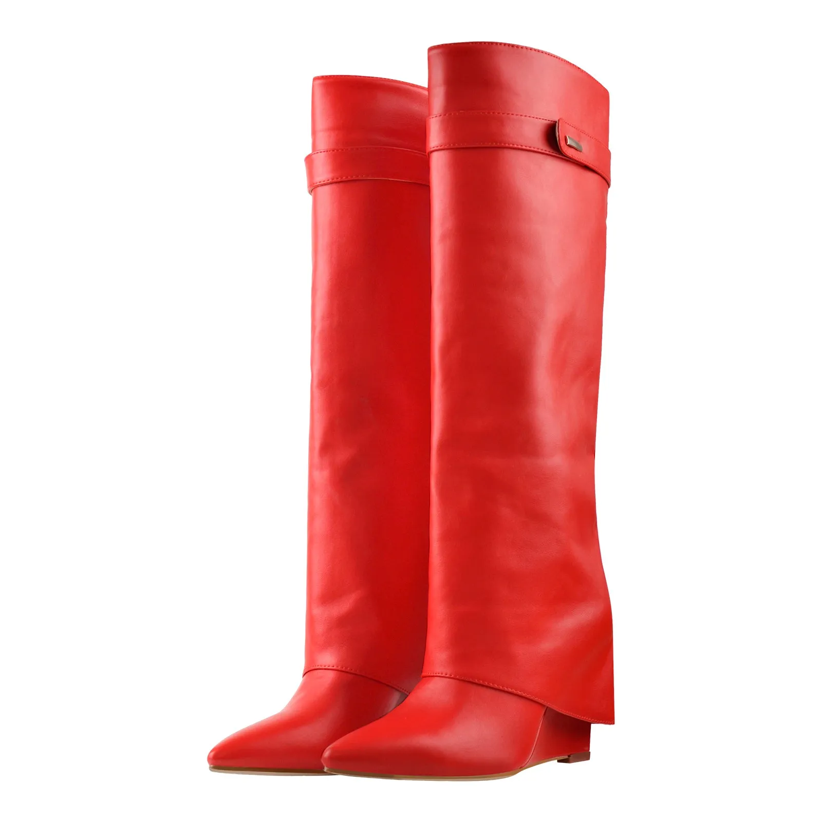 Fold Over Wedge Pointed Toe Black Boots