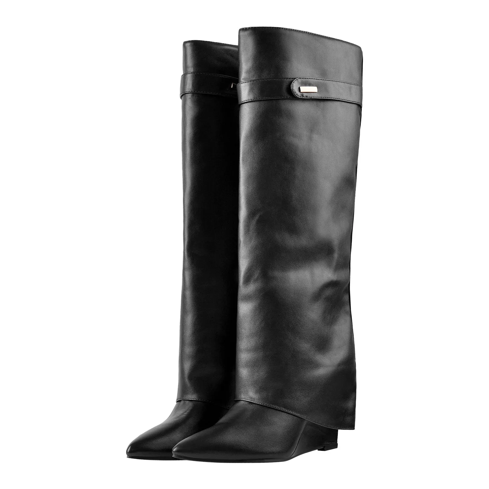 Fold Over Wedge Pointed Toe Black Boots