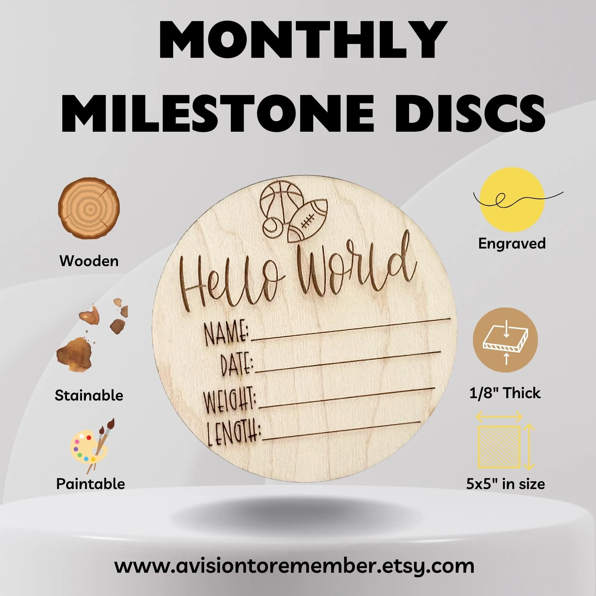 Football Wooden Baby Birth Announcement, Newborn Hospital Disc, 5x5 inches Sports Baby Shower Gift for Boys