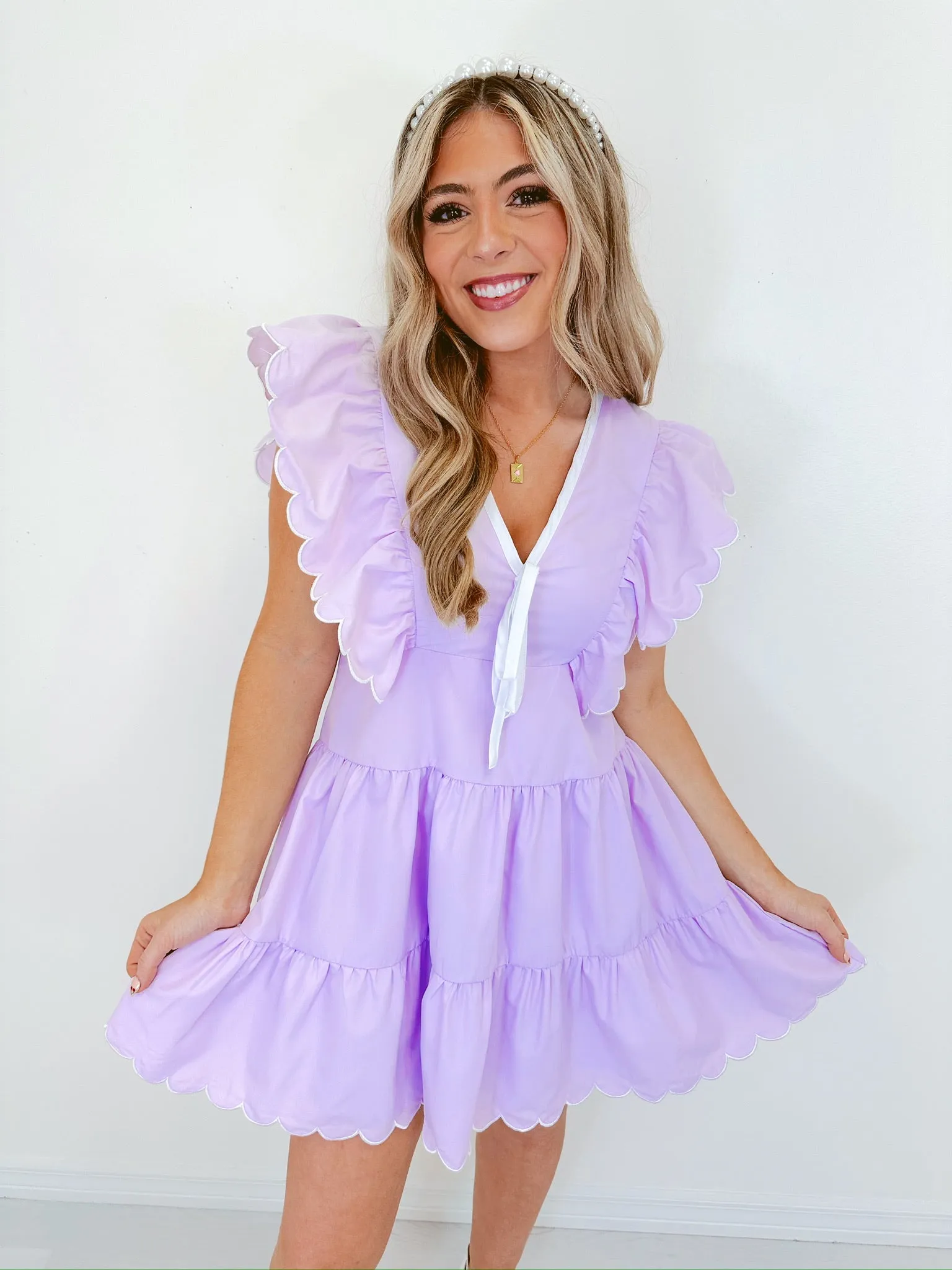 Frolicking Fun V-Neck Ruffled Mini Dress - Lavender