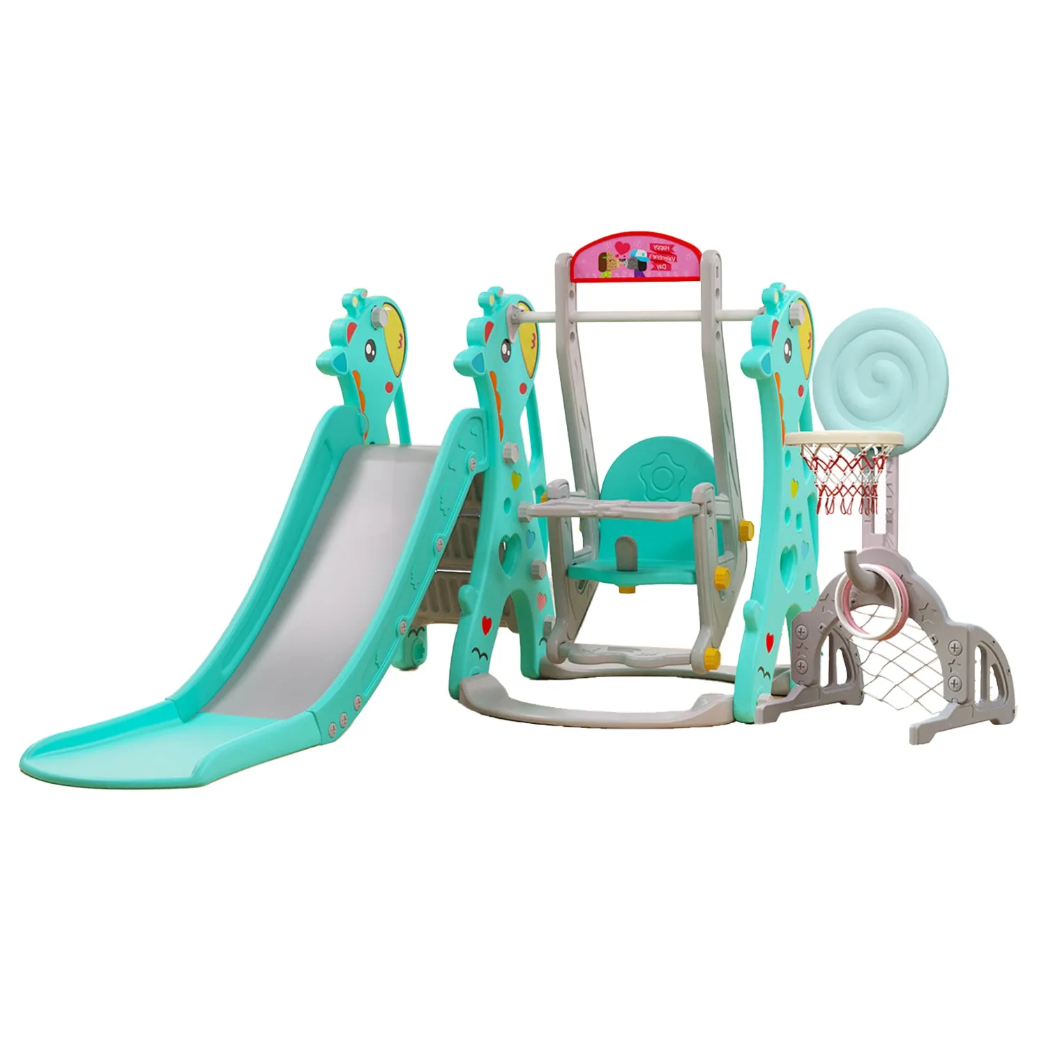 Giraffe 5-in-1 Kids Slide & Swing Set | Football | Basketball Hoop | Ring Toss