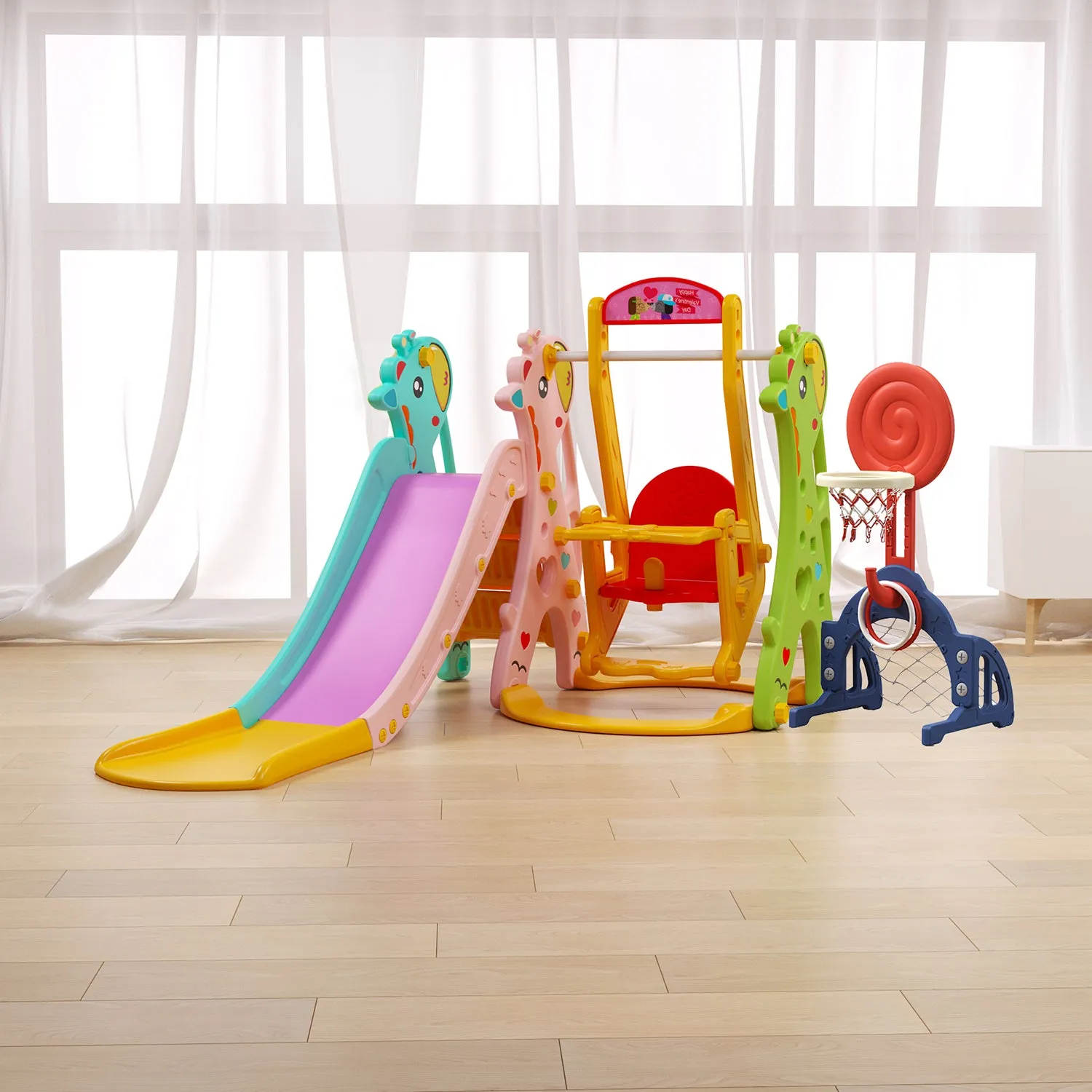 Giraffe 5-in-1 Kids Slide & Swing Set | Football | Basketball Hoop | Ring Toss