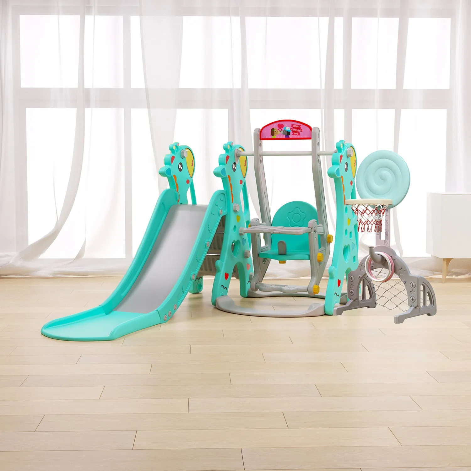 Giraffe 5-in-1 Kids Slide & Swing Set | Football | Basketball Hoop | Ring Toss